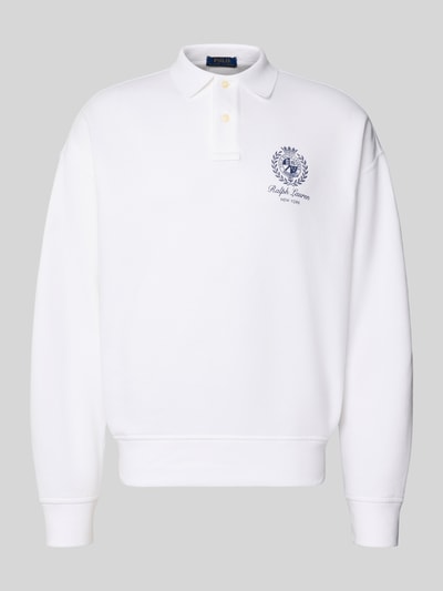 Produktfoto, weißes Regular Fit Sweatshirt aus Baumwoll-Mix von Polo Ralph Lauren, unifarben mit Label Print, Polokragen, gerippte Abschlüsse