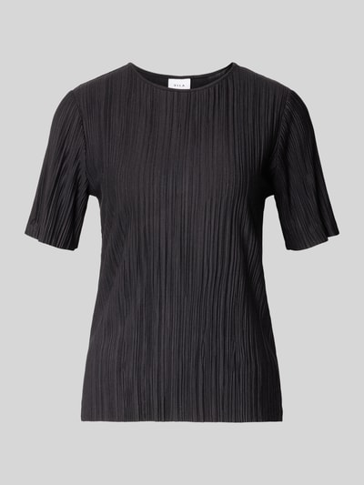 Produktfoto, Damen T-Shirt mit Plisseefalten im Gerader-Schnitt, Modell 'LISA' von Vila, Rundhalsausschnitt, Material-Mix mit Viskose-Anteil, schwarze Farbe, glatte und feine Textur, Rückenlänge 60 cm bei Größe S.