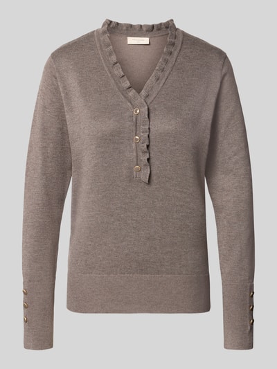 Produktfoto, Regular Fit pullover van Materiaalmix met wol en alpaca FREE/QUENT Model 'Katie', Tricotlook, v-hals, met ruches, knoopsluiting