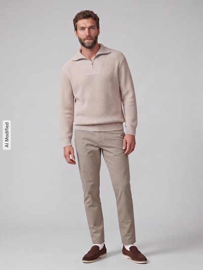 Selected Regular Fit Pullover aus reiner Baumwolle mit Troyer-Kragen Offwhite 1