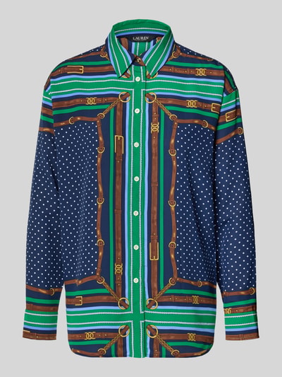 Productfoto, Relaxed Fit Hemdbluse met all-over print model 'Kotta' van Lauren Ralph Lauren, blauw-groen patroon, damesblouse, lange mouwen.