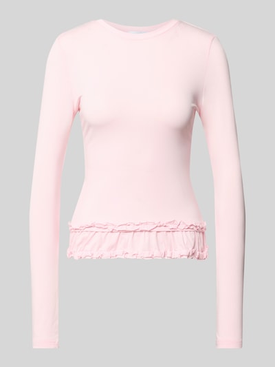 Produktfoto, Longsleeve mit Rüschen Modell 'Mariella' von OH APRIL, rosa, Baumwoll-Viskose-Mix, Körpernaher-Schnitt, Rundhalsausschnitt, Logo-Stitching