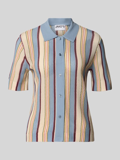Produktfoto, Slim Fit Strick-Poloshirt mit durchgehender Knopfleiste von Jake*s Casual, Allover-Look in Blau, Beige und Rot, 1/2-Arm