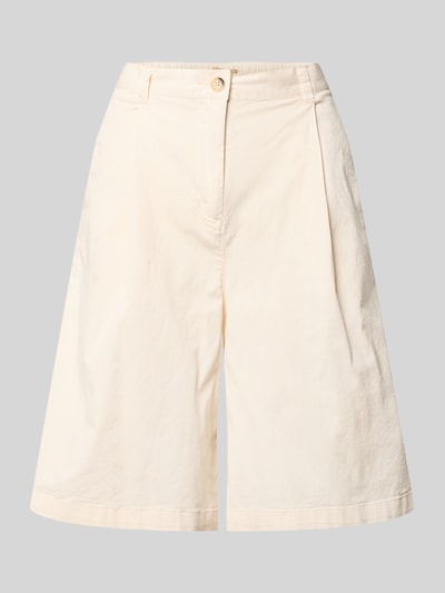 Produktfoto, Bermudas mit Gesäßtasche Modell 'ROVENA' von Soyaconcept aus Baumwoll-Elasthan-Mix in Creme, Regular-Fit, Struktur glatt, Knopf- und Reißverschluss, Bundweite bei Größe 36: 37 cm, Innenbeinlänge bei Größe 36: 26 cm.
