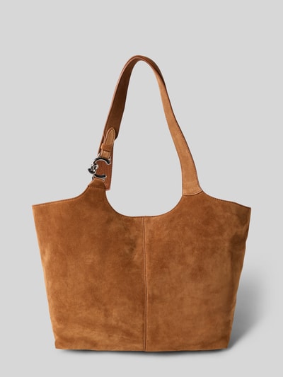 Produktfoto, Handtasche mit Tragehenkel od Coccinelle z brązowego zamszu, gładka faktura, detal z logo, zamek magnetyczny, rozmiar: 40x29x16 cm, pasek 52 cm.