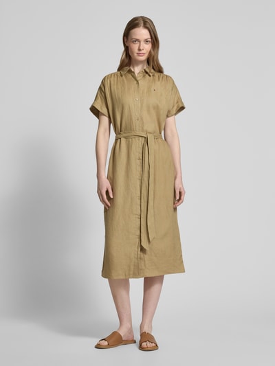 Tommy Hilfiger Sukienka koszulowa taliowana z czystego lnu Camel 4