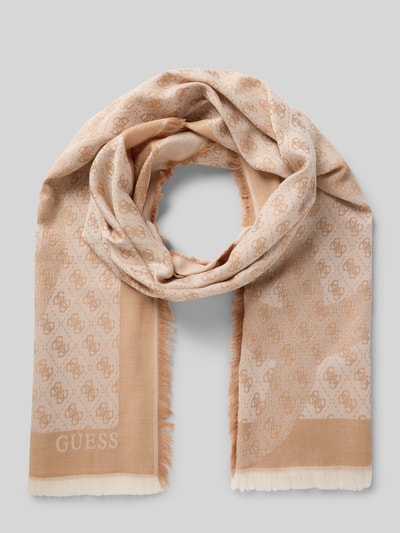 Produktfoto, beżowy Schal mit Logo-Muster Modell 'ERICA' von Guess, prostokątny kształt, frędzle, szerokość 65 cm, długość 190 cm, mieszanka wiskozy