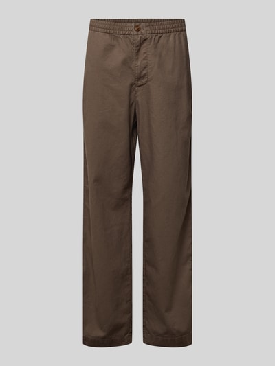Produktfoto, Leinenhose mit elastischem Bund und Eingrifftaschen von GAP in Braun, aus Leinen-Baumwoll-Mix, Loose-Fit, mit Knopf-Reißverschluss, französischen Eingrifftaschen und Gesäßleistentaschen, Bundweite bei Größe M 43 cm, Innenbeinlänge bei Größe M 80 cm.