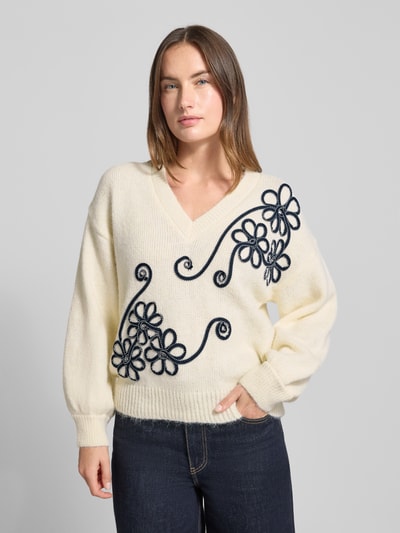 ZABAIONE Gebreide pullover met V-hals en stitchings, model 'El44in' Ecru - 4
