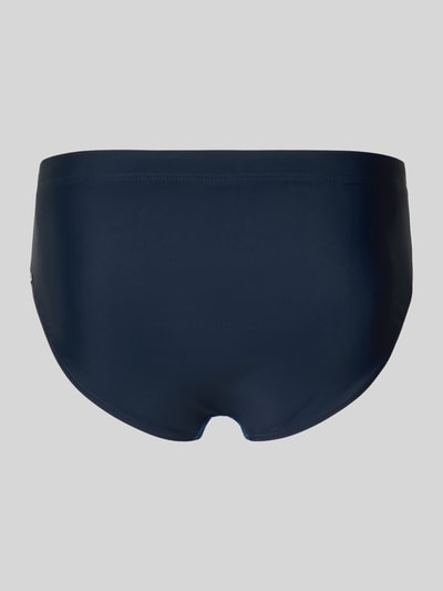 Produktfoto, Badehose mit elastischem Bund von Schiesser in Dunkelblau mit seitlichen Kontraststreifen, körpernahe Passform, glatte Textur