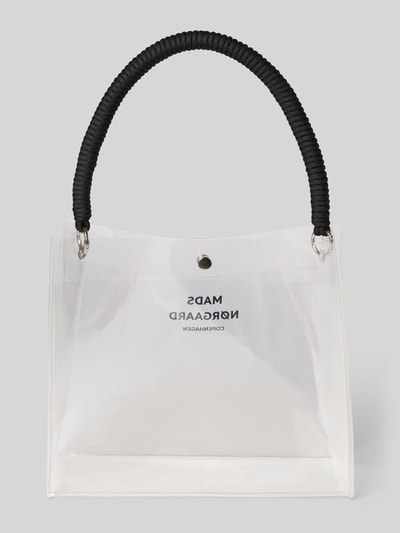 Produktfoto, transparente Handtasche mit Logo-Print Modell 'Craze Vinyl' von MADS NØRGAARD mit Strukturmuster Tragehenkel und Druckknopfverschluss, Maße 26 cm Breite, 22 cm Länge, 10 cm Tiefe, 45 cm Schulterriemenlänge