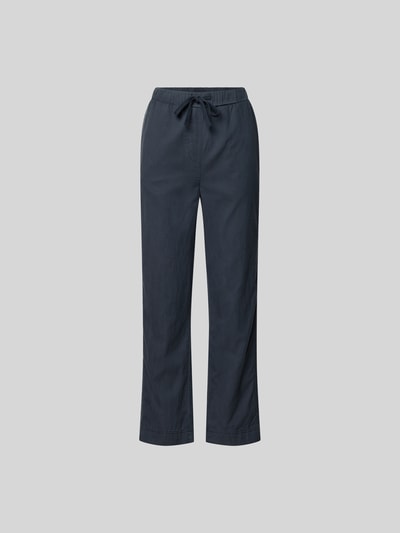 Produktfoto, Stoffhose mit Lyocell-Anteil von Juvia in Dunkelblau, gerade Form, verkürzte Passform, elastischer Bund, Tunnelzug, glatte Textur