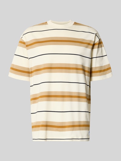 Produktfoto, Oversized Shirt aus reiner Baumwolle Modell 'NIVARSI' von HUGO im Herren Oversized-Stil mit beigen, weißen und schwarzen Streifen auf glatter Textur