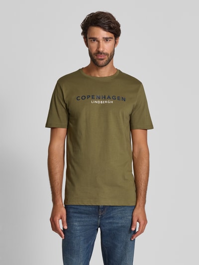 Lindbergh T-shirt met labelprint, model 'Copenhagen' Olijfgroen - 4