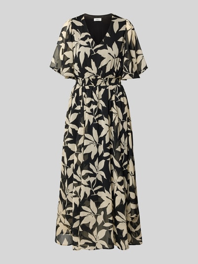 Produktfoto, Tailliertes Chiffonkleid mit Allover-Muster von s.Oliver RED LABEL in Schwarz mit beigem grafisch-floralem Print, Maxi-Länge, kurzarm, Schmetterlingsärmel, gerafftes Bündchen, leichte Crêpe-Textur
