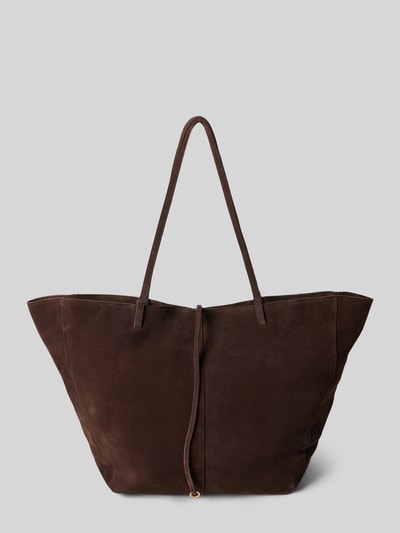 Produktfoto, Tote Bag mit Tragehenkel von Mango aus Rindsleder in Dunkelbraun, Hauptfach mit Magnetverschluss, Innenfach mit Reißverschluss, 54 cm Breite, 31 cm Länge, 13 cm Tiefe, Schulterriemen 63 cm, glatte und samtige Textur.