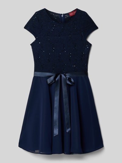 Produktfoto, Regular Fit Kleid mit Pailettenbesatz von G.O.L., krój regular fit, cekinowe zdobienia, ozdobna kokarda, okrągły dekolt, krótki rękaw, zamek na plecach, długość tyłu w rozmiarze 140: 70 cm, długość rękawa w rozmiarze 140: 11 cm, granatowy kolor, gładka i koronkowa faktura