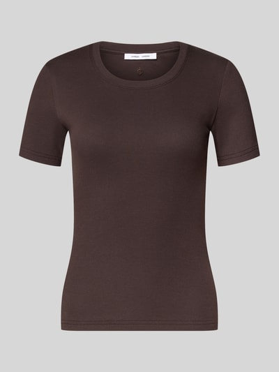 Productfoto, T-shirt met ronde hals ‘ALEXIS’ van Samsøe Samsøe, katoen-elastaanmix, slim fit, ruglengte maat S 54 cm, effen donkerbruin