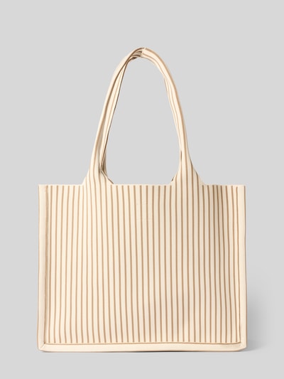 Produktfoto, Strandtasche mit Label-Detail Modell 'Summer Signatur' von Hey Marly aus beigem Stoff mit braunen Streifen, offene Hauptfach, kurze Tragegriffe, zusätzliche Reißverschlusstasche, Breite 33 cm, Länge 43 cm, Tiefe 15 cm, Länge Schulterriemen 64 cm.