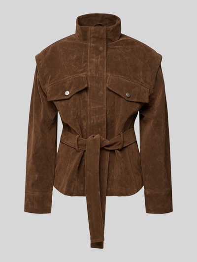 Productfoto, Jacke in Leder-Optik Modell 'HARPER' van Topshop in bruin, viscose-katoenmix, regular fit, staande kraag, riem, frontale weergave