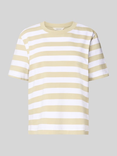 Produktfoto, Boxy Fit T-Shirt aus reiner Baumwolle Modell 'ESSENTIAL' von Selected Femme, efekt: wzór w paski, naszywka z logo, okrągły dekolt, krótki rękaw, wykończenie: heavy jersey, materiał: czysta bawełna