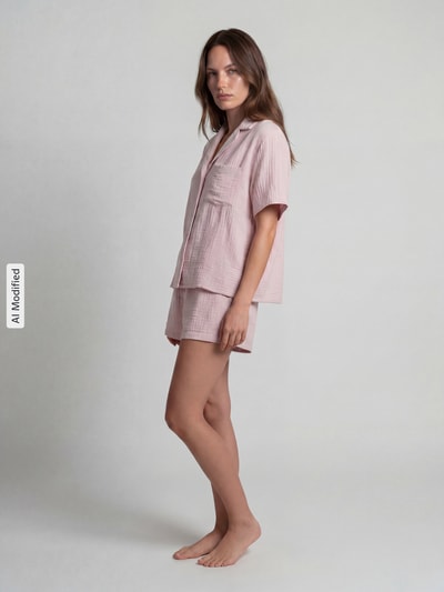 Frauenmodel trägt Relaxed Fit Pyjama-Oberteil mit Brusttasche von Jake*s Casual aus reiner Baumwolle in Rosa mit Strukturmuster, Ganzkörperansicht von vorne.