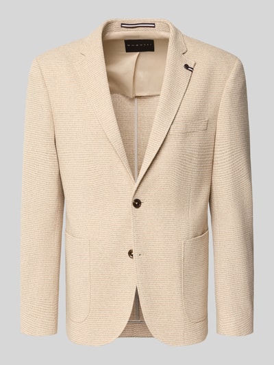 Produktfoto, Slim Fit 2-Knopf-Sakko mit Strukturmuster von bugatti, mieszanka bawełny, krój slim fit, kołnierz z połami, nakładane kieszenie, długość tyłu 73 cm, szerokość w rozmiarze 50: 48 cm, długość rękawów 65 cm, beżowy kolor, fakturowany wzór