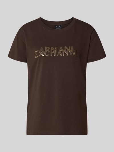 Produktfoto, Regular Fit T-Shirt aus reiner Baumwolle Modell 'ANTAGONIST' von Armani Exchange, nadruk z logo, okrągły dekolt, damski t-shirt, długość tyłu w rozmiarze S: 62 cm, brąz, gładka faktura