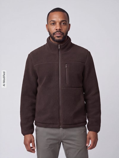 Männermodel trägt eine dunkelbraune Teddyjacke mit Brustreißverschlusstasche von S.OLIVER CASUAL, unifarben, Ganzkörperansicht von vorne, KI-modifiziertes Bild.