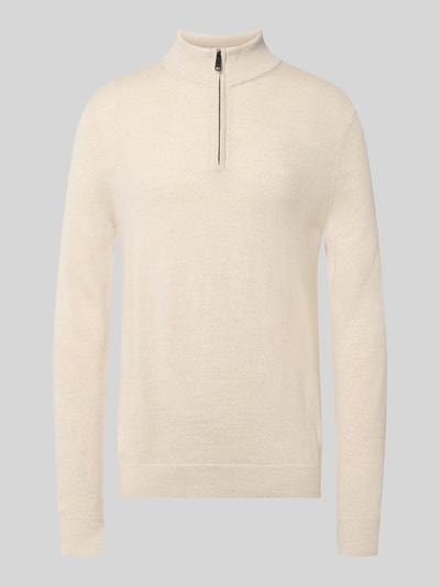 Produktfoto, Slim Fit Strickpullover aus Woll-Mix mit Troyer-Kragen von Christian Berg Men in Beige, elastische Abschlüsse, glatte Textur