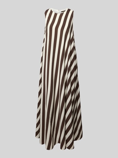 Produktfoto, długa sukienka 'Maxikleid aus Viskose-Mix mit Rundhalsausschnitt' od Windsor, mieszanka wiskozy z lnem, krój loose fit, okrągły dekolt, szerokie ramiączka, wycięcie w kształcie łezki z tyłu, długość tyłu w rozmiarze 36: 135 cm, szerokość klatki piersiowej w rozmiarze 36: 47 cm, szerokie brązowe i beżowe ukośne pasy, struktura gładka