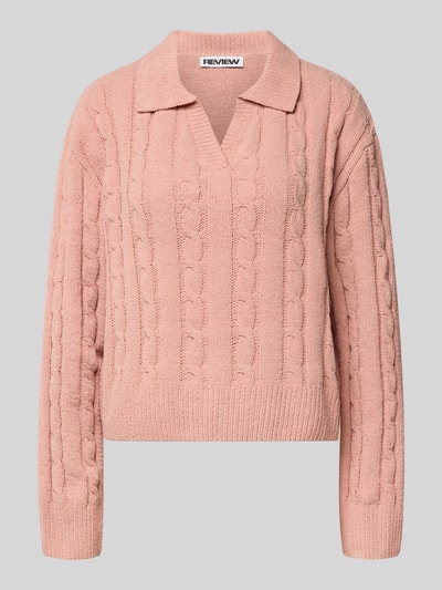 Review Sweter z dzianiny z dekoltem w serek i wykładanym kołnierzem Brudnoróżowy 2