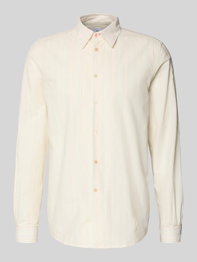 Produktfoto, Regular Fit Freizeithemd aus reiner Baumwolle von PAUL SMITH in Creme mit feiner Streifenstruktur, Kentkragen, lange Ärmel, Label-Patch