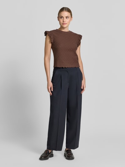 Jake*s Casual Gebreid shirt met ronde hals en golvende zoom Donkerbruin - 1