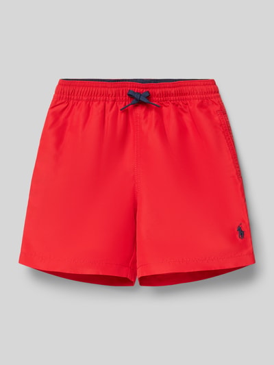 Produktfoto, Badehose mit Tunnelzug von Polo Ralph Lauren Kids in Rot, Optik: Unifarben, Logo-Stitching, Mesh-Einsatz, elastischer Bundabschluss, seitliche Eingrifftaschen, Gesäßtasche mit Knopf
