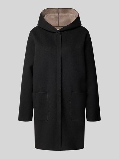 Produktfoto, Mantel mit Kapuze und Eingrifftaschen von Apricot in Schwarz, gerader Schnitt, Material-Mix mit Stretch-Anteil, sichtbare Textur