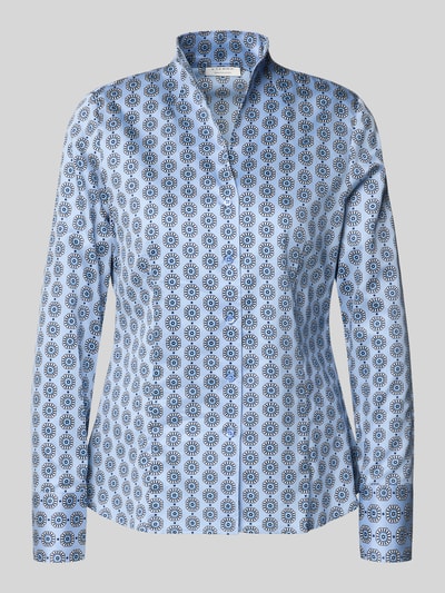 Produktfoto, Slim Fit Bluse im Allover-Look mit Stehkragen von ETERNA, blau-weiß gemustert, Knopfleiste, Rückenlänge 68 cm, Ärmellänge 61 cm, Größe 36