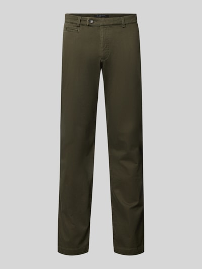 Produktfoto, Slim Fit Chino aus Baumwoll-Mix von bugatti in Olivgrün, schmal geschnitten, Münztasche, Gesäßtaschen, glatte Textur