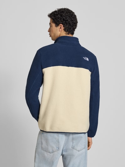 Männermodel trägt Fleecejacke mit Label-Stitching Modell 'Yumiori' von The North Face in Blau und Beige, Regular Fit, Stehkragen, Reißverschluss, Reißverschlusstaschen, Rückenlänge bei Größe M 67 cm, Ärmellänge 70 cm, Ganzkörperansicht Rückansicht.