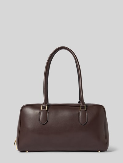 Produktfoto, Handtasche mit Tragehenkeln Modell 'CADIZ' von Mango in Dunkelbraun, glatte Struktur, goldener Reißverschluss, Größe 35x18x11 cm, Innenfach mit Reißverschluss, 50 cm Schulterriemen.