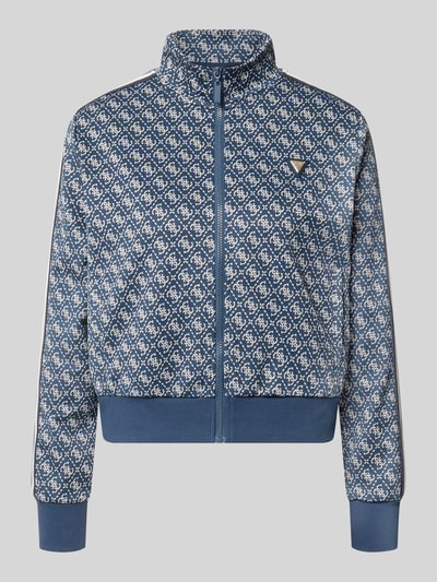 Produktfoto, Regular Fit Sweatjacke mit Allover-Logo-Print von GUESS im elastischen Material-Mix, blau-weiß, Reißverschluss, Stehkragen, elastische Abschlüsse