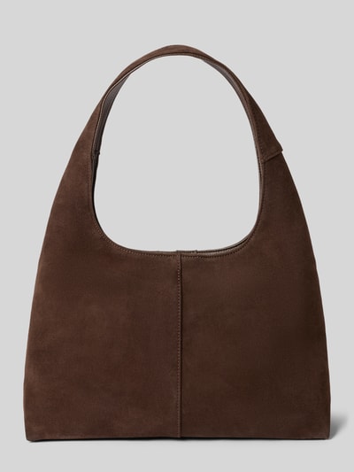 Produktfoto, Handtasche aus Rindsleder-Mix Modell 'Alltime Lover' von Hey Marly in bruin suèdelook met logodetail, hoofdvak met magneetsluiting, schouderband, binnenvak met ritssluiting, breedte 35 cm, lengte 23 cm, diepte 12 cm, bandlengte 53 cm.