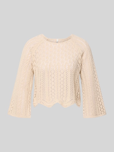 Produktfoto, Cropped Pullover aus Baumwoll-Mix Modell 'NOLA' von Only in Beige, unifarben, grobstrick, Rundhals, 3/4-Arm, Regular Fit.