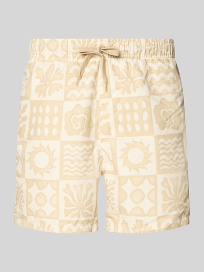 Produktfoto, Badehose mit Allover-Muster Modell 'PRINT' von Only & Sons in Beige mit elastischem Bund, Tunnelzug und Taschen, Kachelmuster-Optik