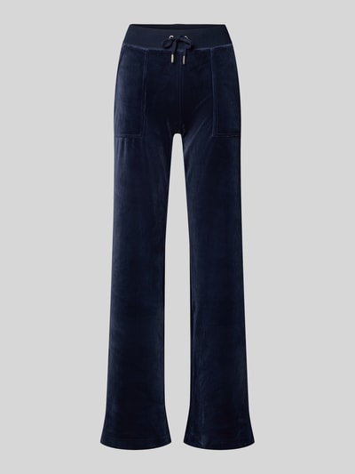 Produktfoto, Low Rise Sweatpants mit elastischem Bund Modell 'LAYLA' von Juicy Couture aus dunkelblauem Baumwoll-Mix mit Stretch-Anteil, Flared-Cut, Eingrifftaschen und weicher Velours-Textur.