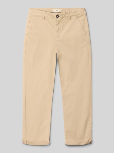 Produktfoto, beigefarbene Straight Fit Stoffhose mit Eingrifftaschen Modell 'Piccolo' von Mango, elastischer Baumwoll-Mix, Kinderkollektion