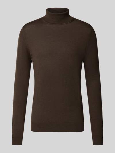 Produktfoto, Wollpullover mit Rollkragen von Christian Berg Men in Braun, gerade geschnitten, gerippte Abschlüsse, Woll-Mix, strukturierte Oberfläche