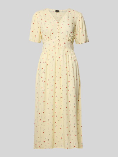 Produktfoto, A-Linien Midikleid aus reiner Viskose Modell 'TALA' von Pieces, żółty kolor z kwiatowym wzorem, fason midi, krój A-linii, dekolt V, krótkie rękawy, gumka w talii, krótka listwa guzikowa, prosty dół