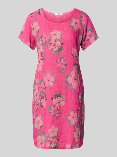 Produktfoto, Leinenkleid in Minilänge Modell 'Miraa' van ZABAIONE in roze met bloemenpatroon, mix van katoen en linnen, licht getailleerde pasvorm, ronde hals, met korte mouwen, minilengte, ruglengte maat S 81 cm, borstwijdte maat S 48 cm, mouwlengte maat S 18 cm