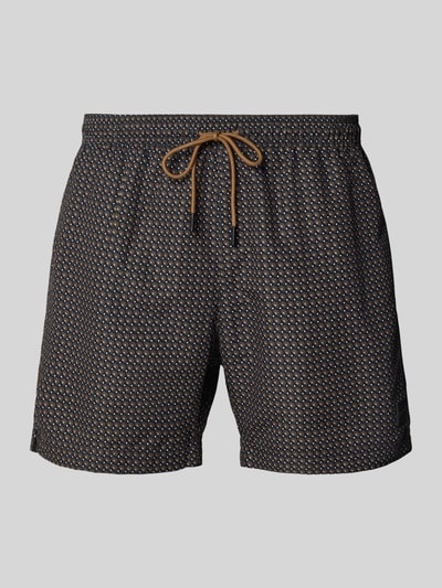 Produktfoto, Badeshorts mit Allover-Muster Modell 'VIBE' von BOSS, Label-Patch, Logo-Stitching, Tunnelzug, elastischer Bund, Eingrifftaschen, Gesäßtasche, dunkle Farben, geometrisches Muster, leichte Struktur.
